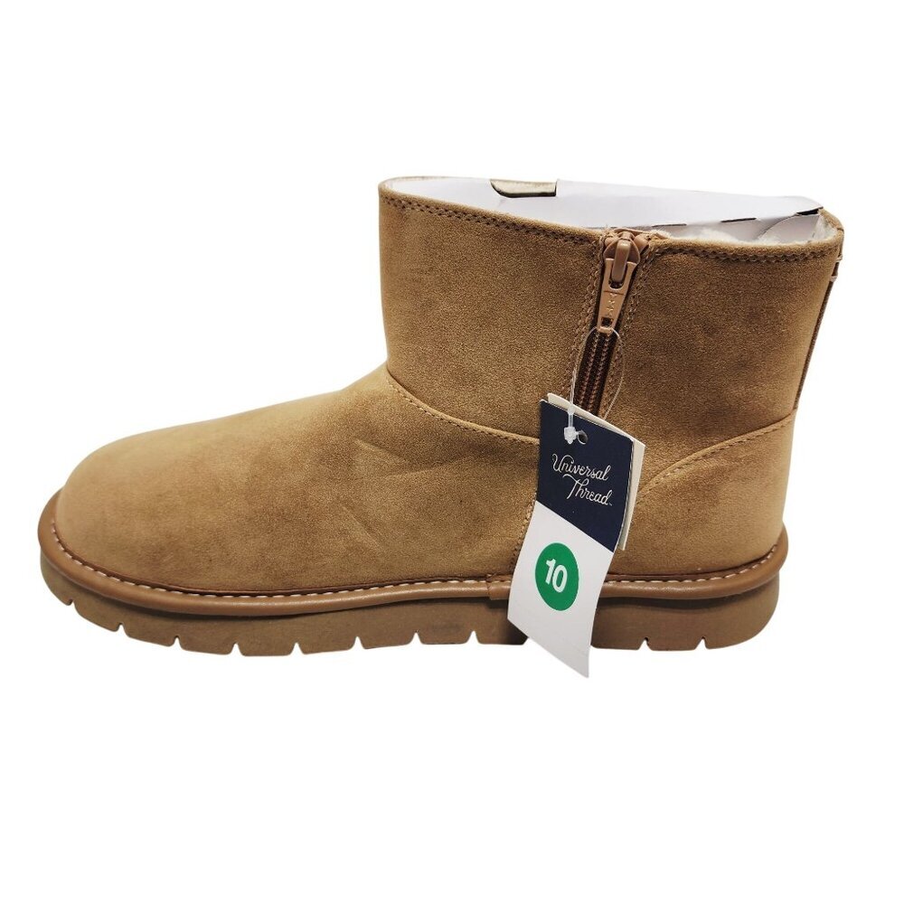 Womens Tan Suede Ankle Boots With Side Zipper Closure & Faux Fur Lining Size 10